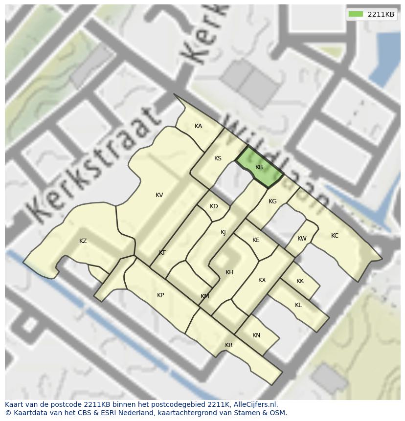 Afbeelding van het postcodegebied 2211 KB op de kaart.