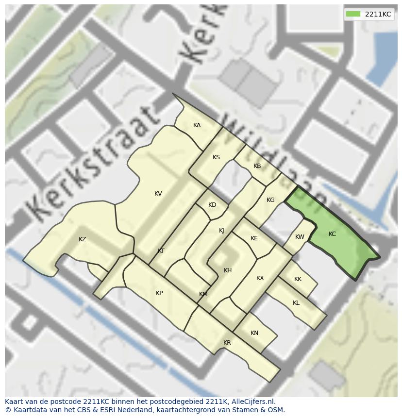 Afbeelding van het postcodegebied 2211 KC op de kaart.