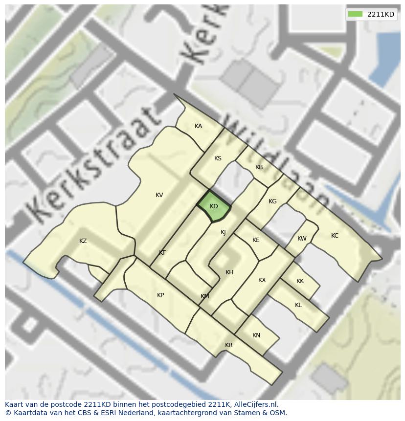 Afbeelding van het postcodegebied 2211 KD op de kaart.