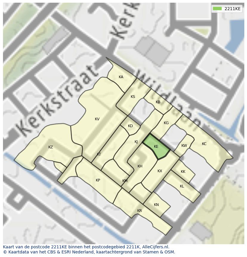 Afbeelding van het postcodegebied 2211 KE op de kaart.