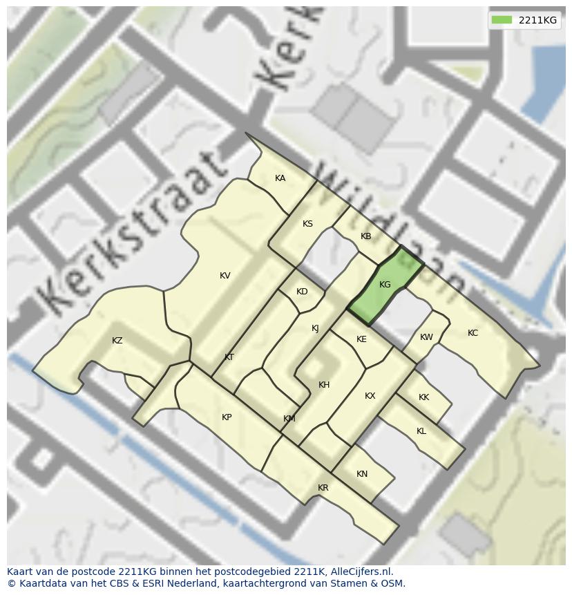 Afbeelding van het postcodegebied 2211 KG op de kaart.