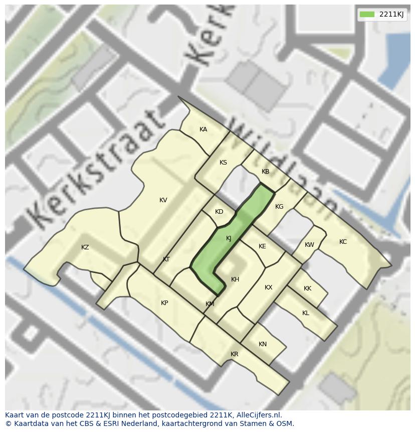 Afbeelding van het postcodegebied 2211 KJ op de kaart.
