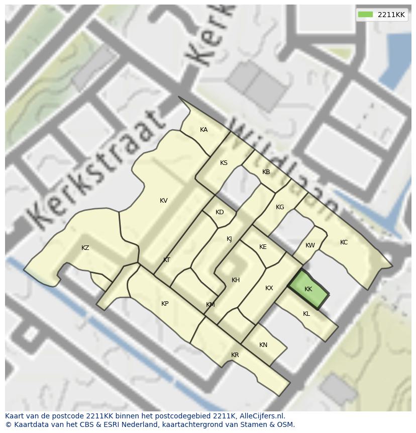 Afbeelding van het postcodegebied 2211 KK op de kaart.