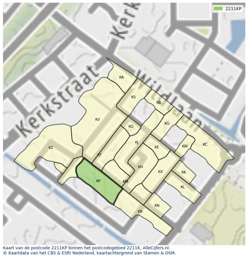 Afbeelding van het postcodegebied 2211 KP op de kaart.