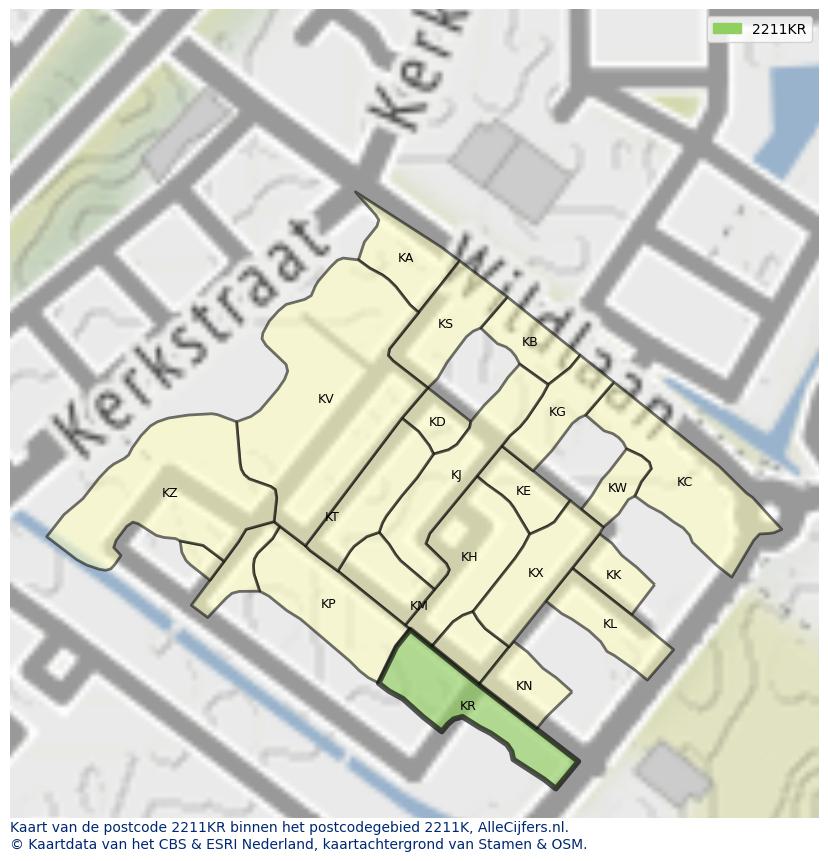 Afbeelding van het postcodegebied 2211 KR op de kaart.