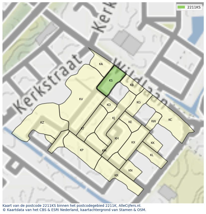 Afbeelding van het postcodegebied 2211 KS op de kaart.