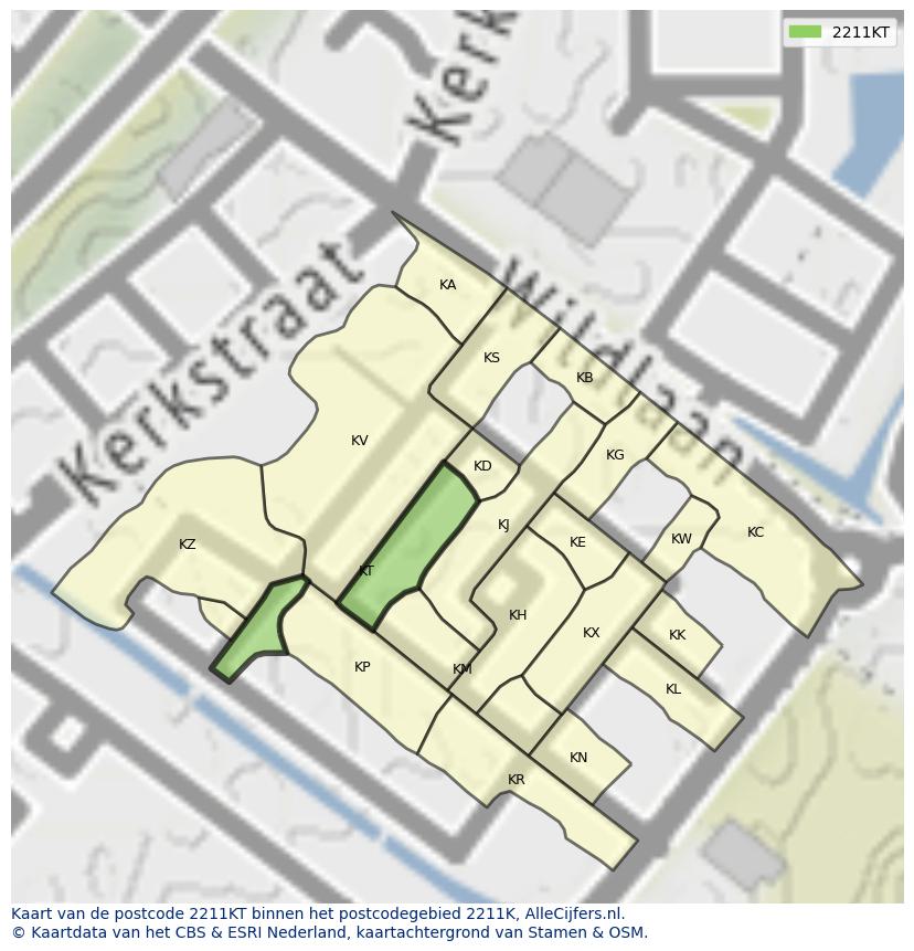 Afbeelding van het postcodegebied 2211 KT op de kaart.