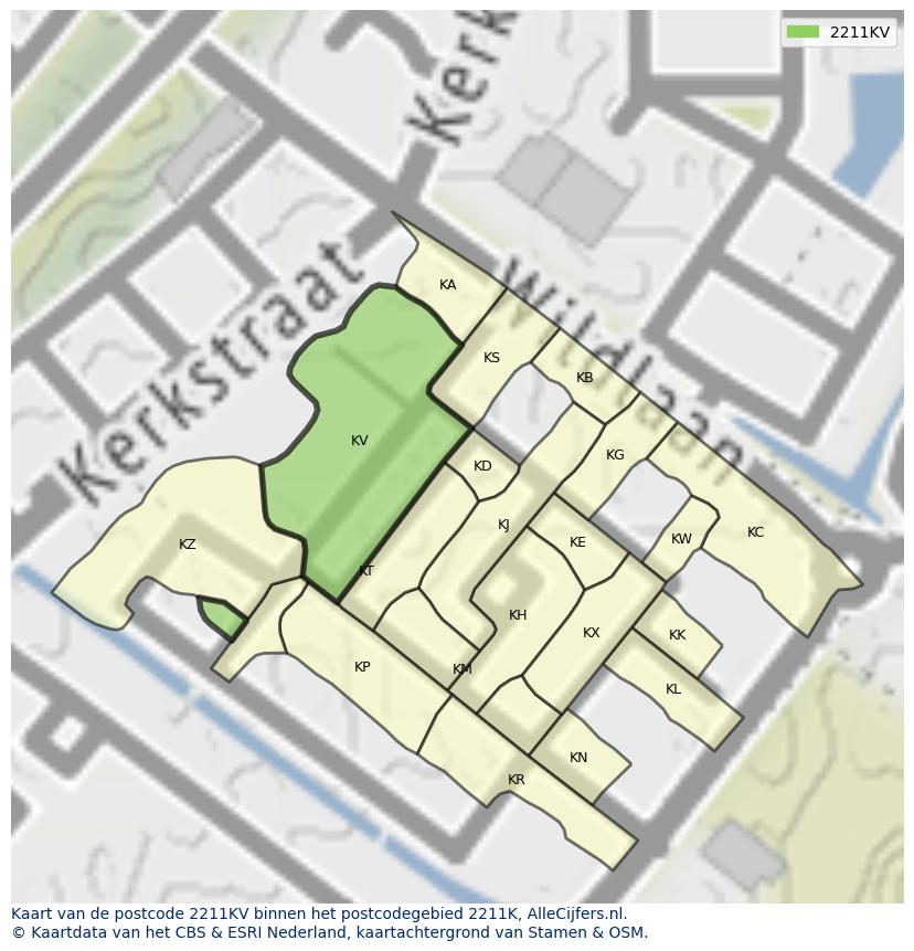 Afbeelding van het postcodegebied 2211 KV op de kaart.