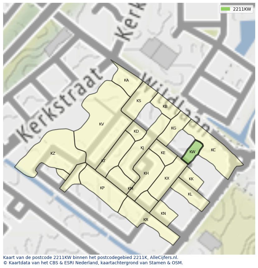 Afbeelding van het postcodegebied 2211 KW op de kaart.