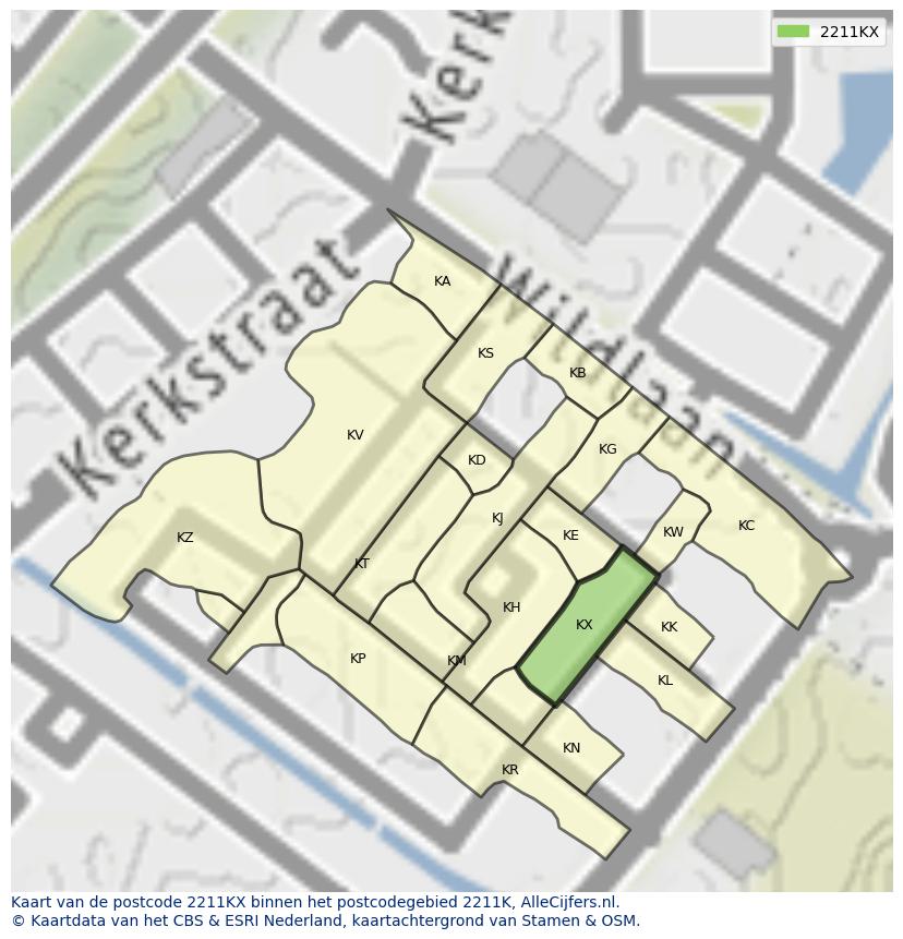 Afbeelding van het postcodegebied 2211 KX op de kaart.
