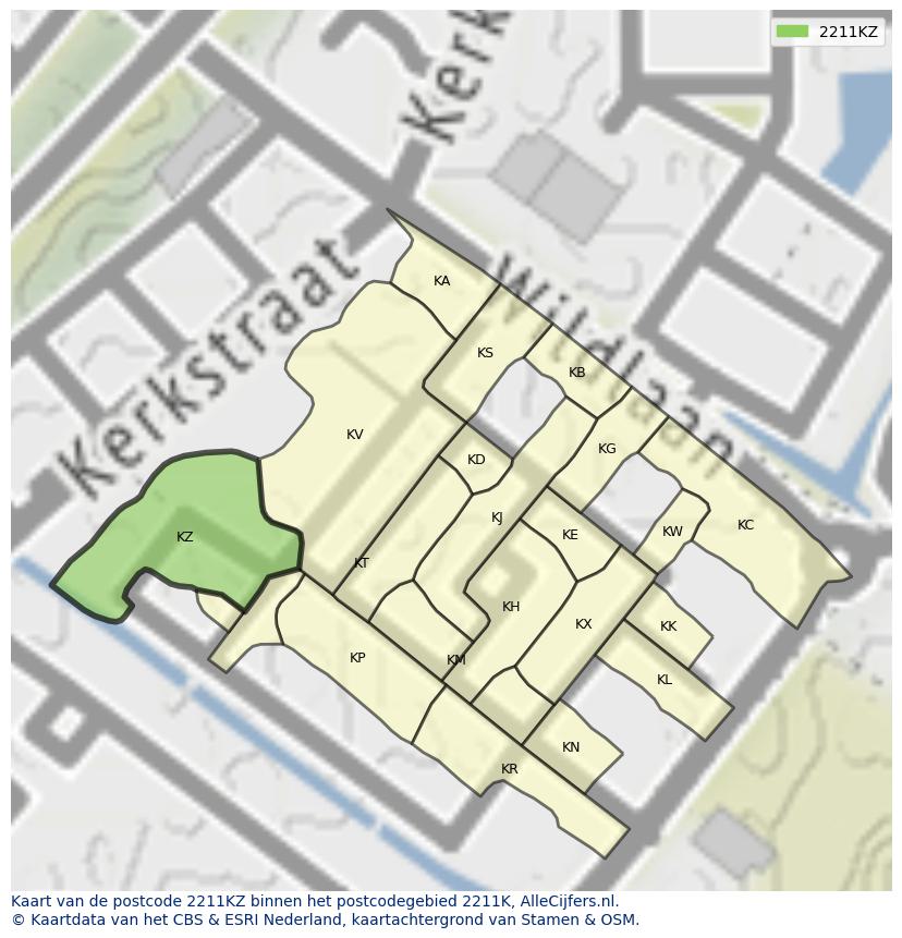 Afbeelding van het postcodegebied 2211 KZ op de kaart.