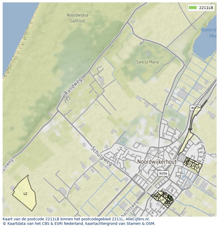 Afbeelding van het postcodegebied 2211 LB op de kaart.