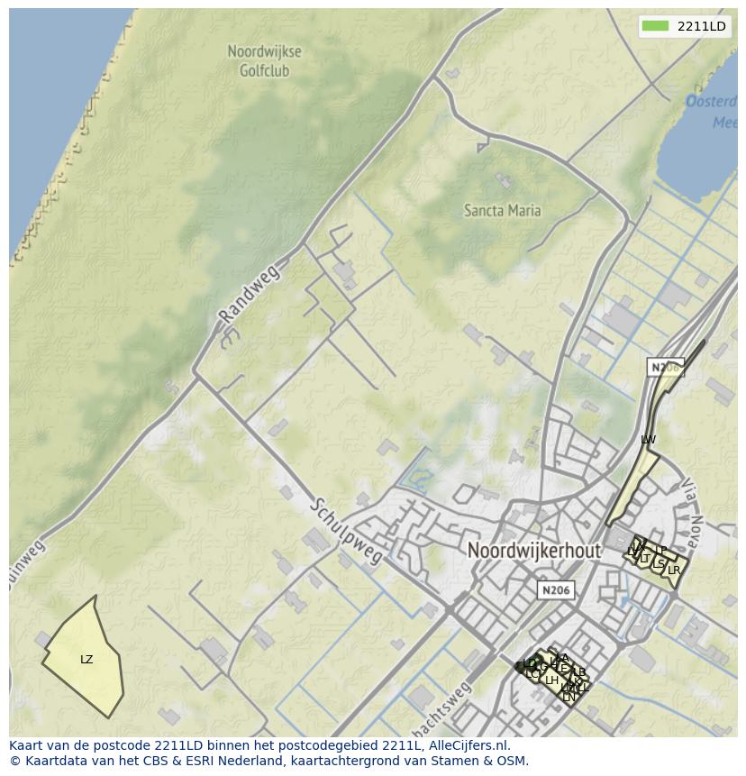 Afbeelding van het postcodegebied 2211 LD op de kaart.