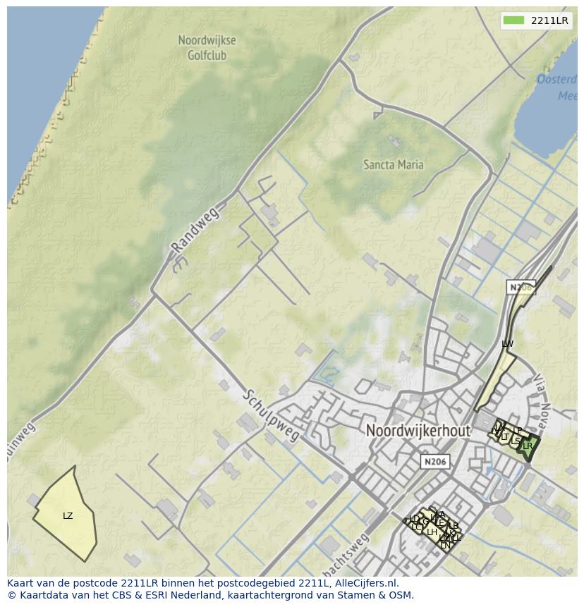 Afbeelding van het postcodegebied 2211 LR op de kaart.