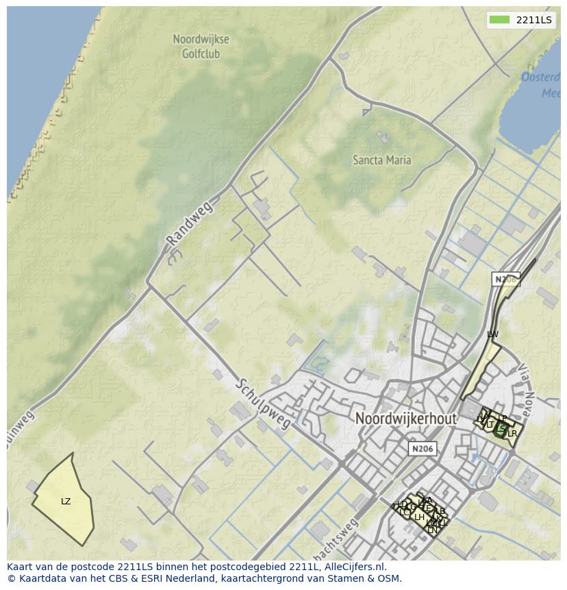 Afbeelding van het postcodegebied 2211 LS op de kaart.