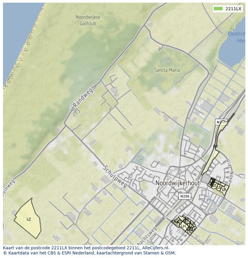 Afbeelding van het postcodegebied 2211 LX op de kaart.