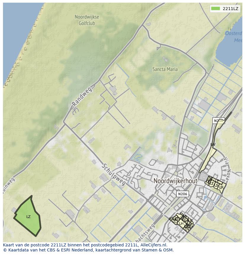 Afbeelding van het postcodegebied 2211 LZ op de kaart.