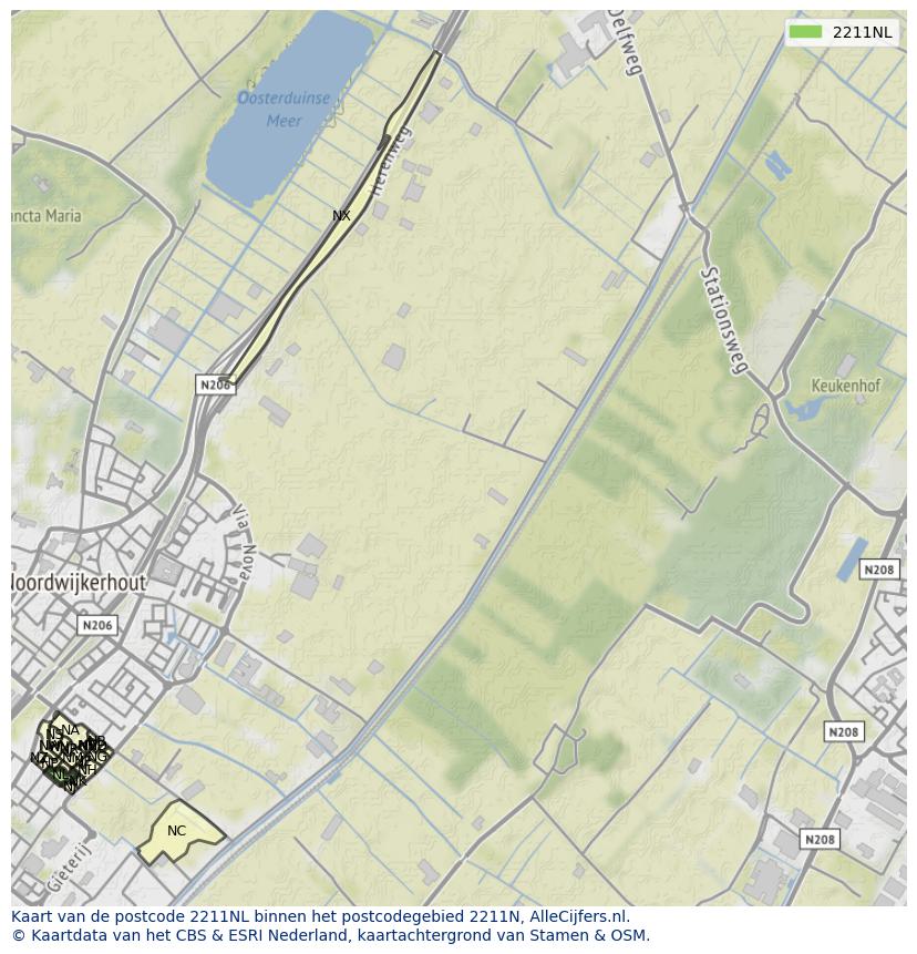 Afbeelding van het postcodegebied 2211 NL op de kaart.