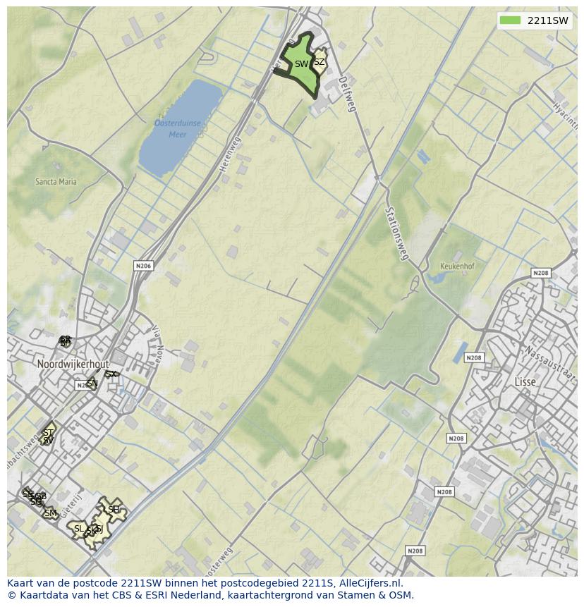 Afbeelding van het postcodegebied 2211 SW op de kaart.