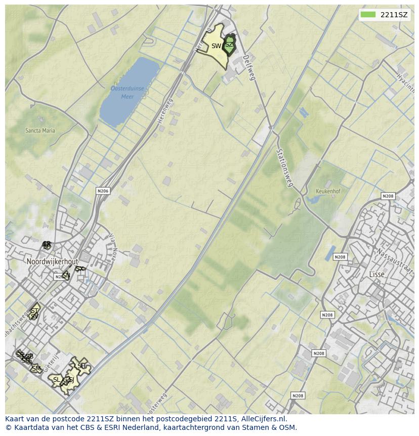 Afbeelding van het postcodegebied 2211 SZ op de kaart.