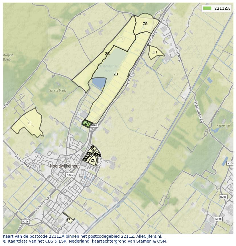 Afbeelding van het postcodegebied 2211 ZA op de kaart.