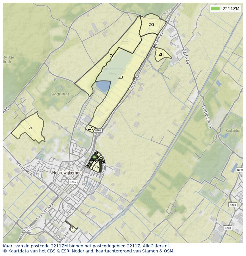 Afbeelding van het postcodegebied 2211 ZM op de kaart.