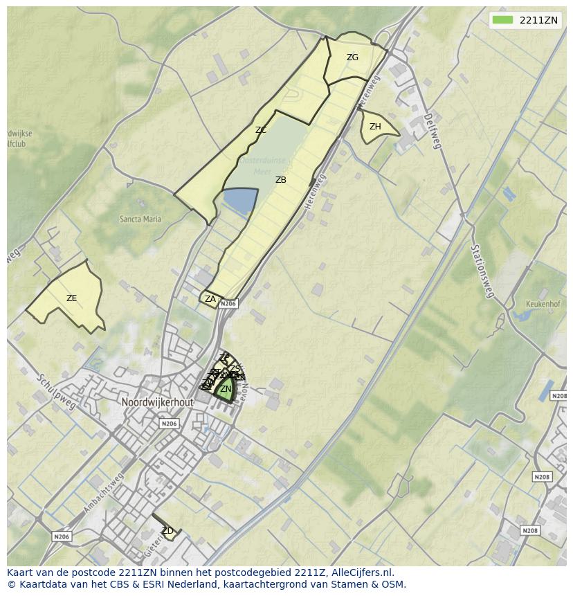Afbeelding van het postcodegebied 2211 ZN op de kaart.