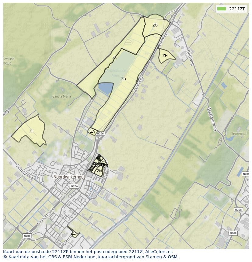 Afbeelding van het postcodegebied 2211 ZP op de kaart.