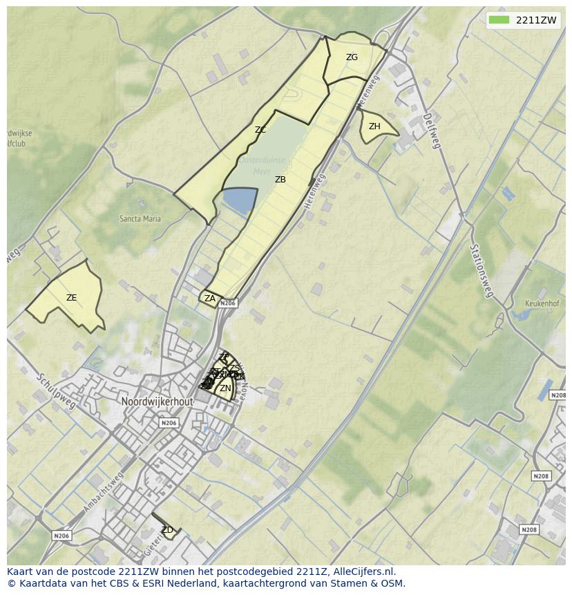 Afbeelding van het postcodegebied 2211 ZW op de kaart.