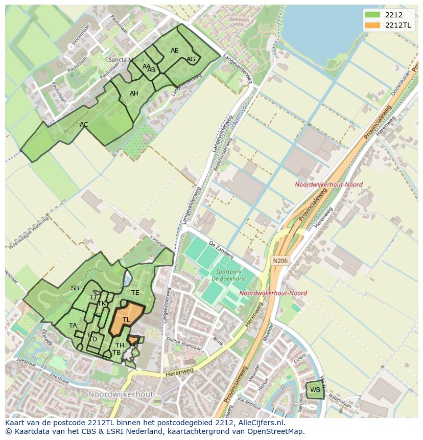 Afbeelding van het postcodegebied 2212 TL op de kaart.