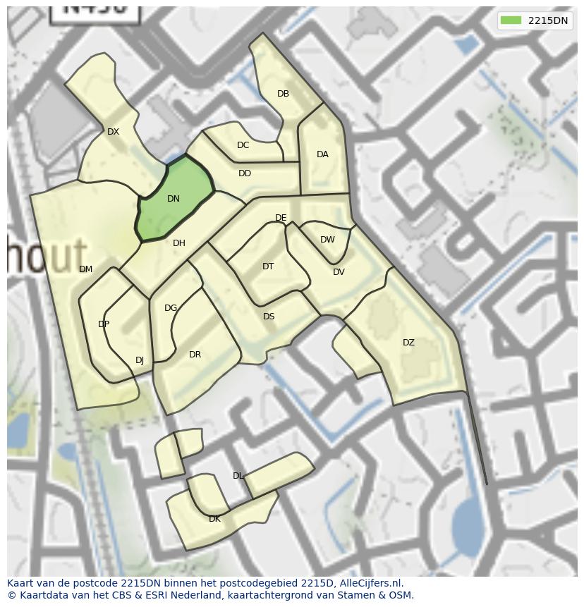 Afbeelding van het postcodegebied 2215 DN op de kaart.