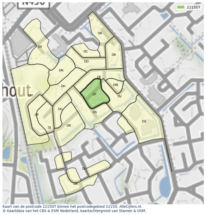 Afbeelding van het postcodegebied 2215 DT op de kaart.