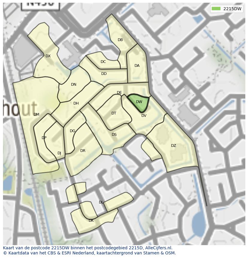 Afbeelding van het postcodegebied 2215 DW op de kaart.