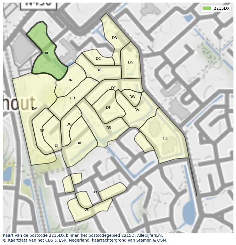Afbeelding van het postcodegebied 2215 DX op de kaart.