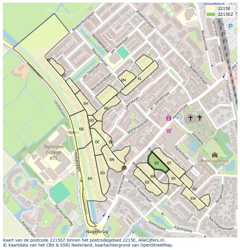 Afbeelding van het postcodegebied 2215 EZ op de kaart.