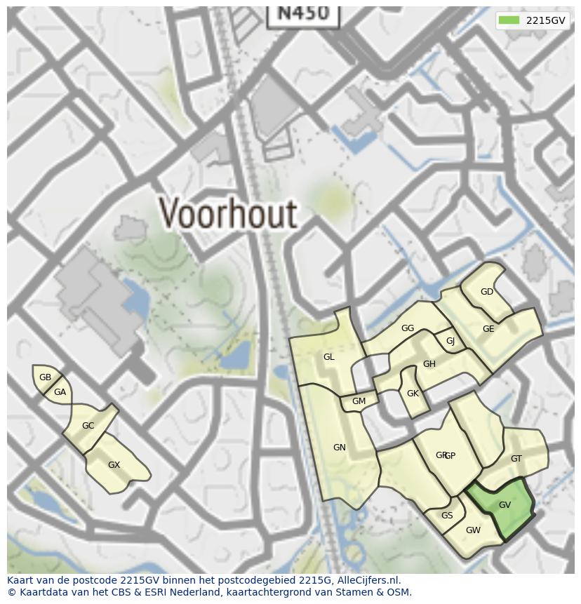Afbeelding van het postcodegebied 2215 GV op de kaart.