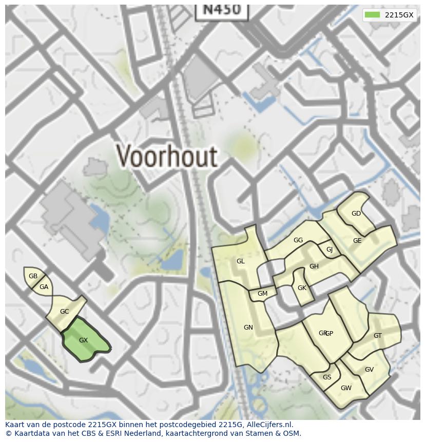 Afbeelding van het postcodegebied 2215 GX op de kaart.