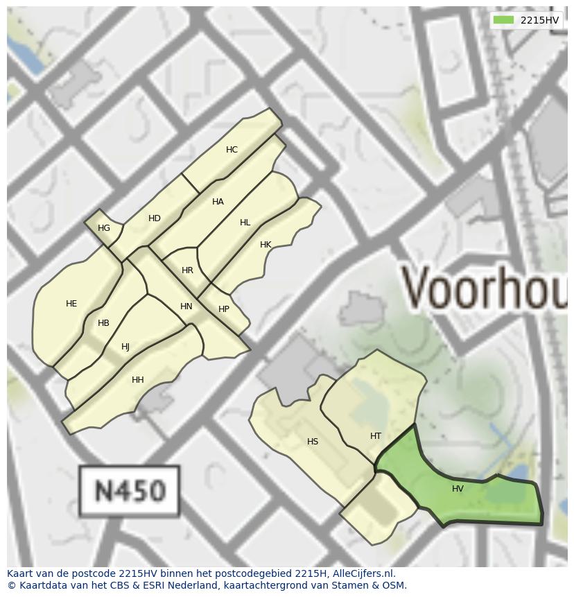 Afbeelding van het postcodegebied 2215 HV op de kaart.