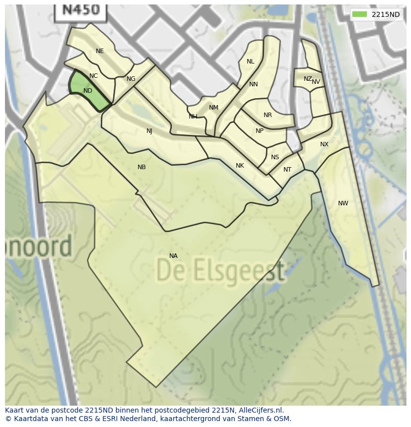 Afbeelding van het postcodegebied 2215 ND op de kaart.