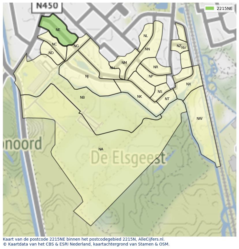 Afbeelding van het postcodegebied 2215 NE op de kaart.