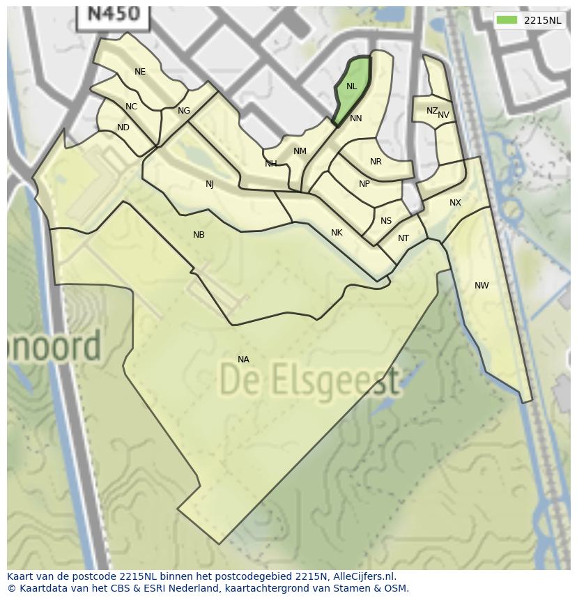 Afbeelding van het postcodegebied 2215 NL op de kaart.