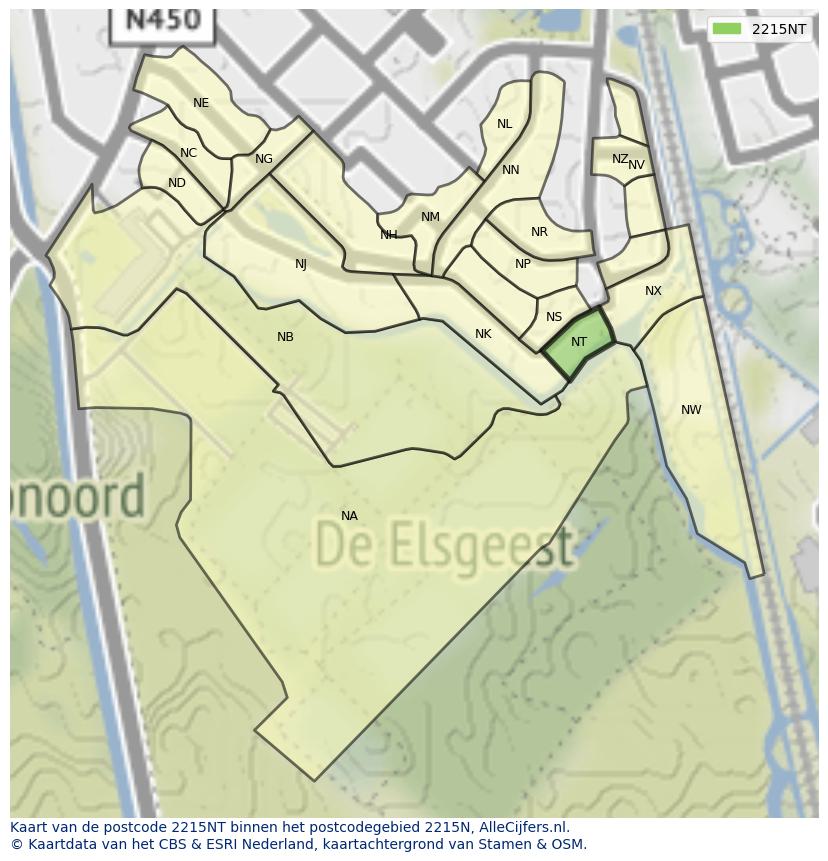 Afbeelding van het postcodegebied 2215 NT op de kaart.