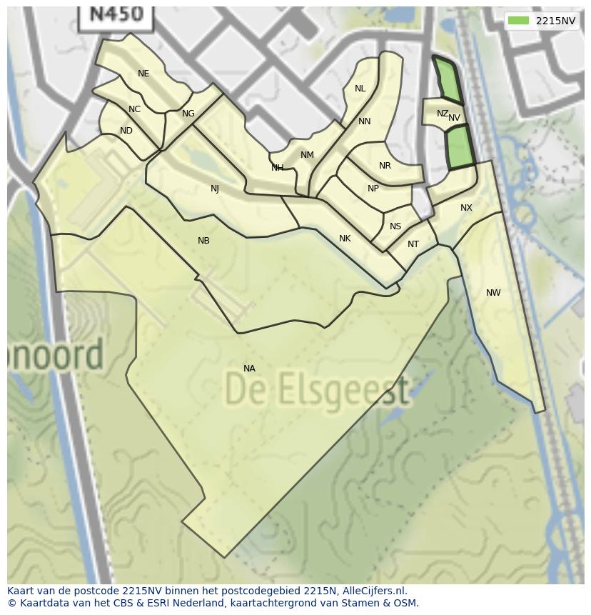 Afbeelding van het postcodegebied 2215 NV op de kaart.