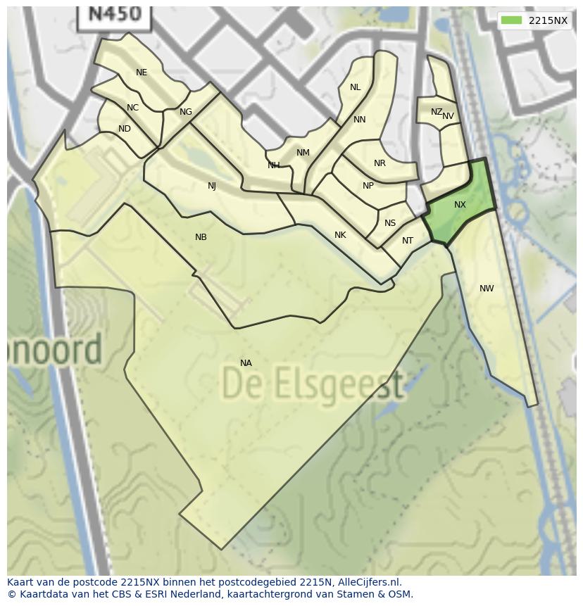 Afbeelding van het postcodegebied 2215 NX op de kaart.