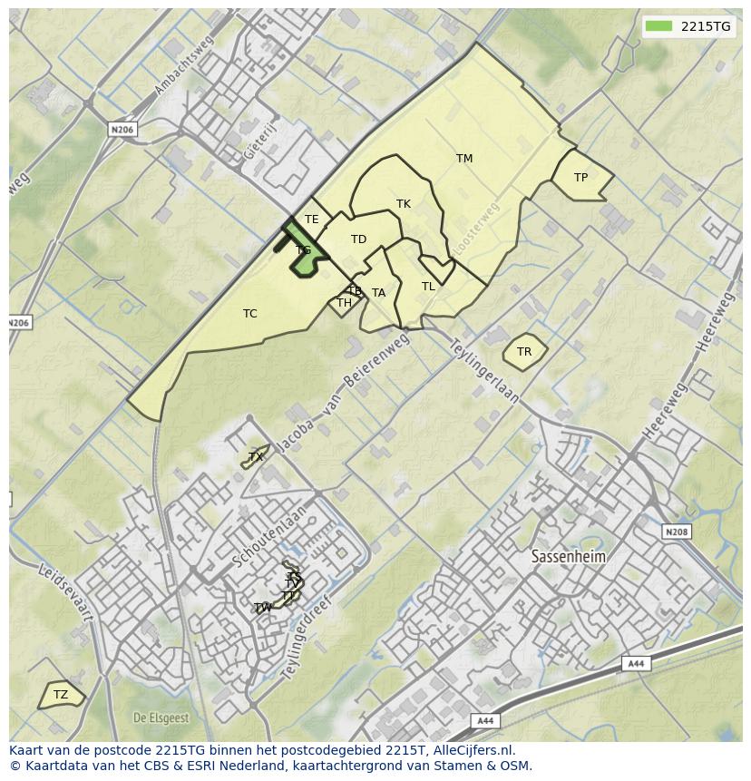 Afbeelding van het postcodegebied 2215 TG op de kaart.