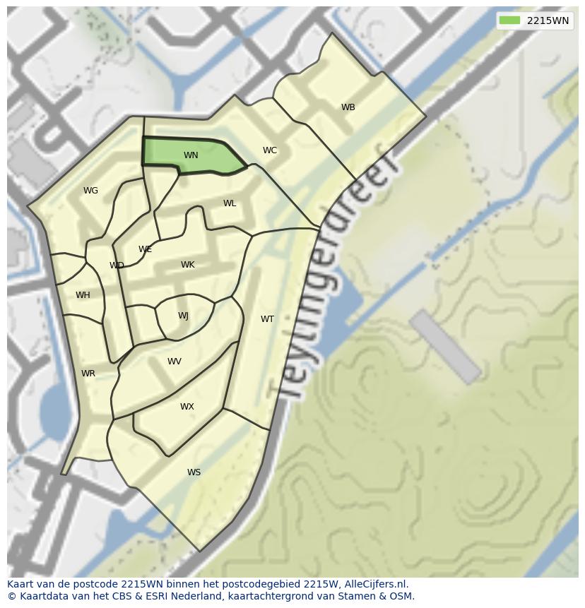 Afbeelding van het postcodegebied 2215 WN op de kaart.