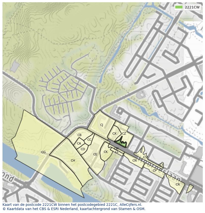 Afbeelding van het postcodegebied 2221 CW op de kaart.