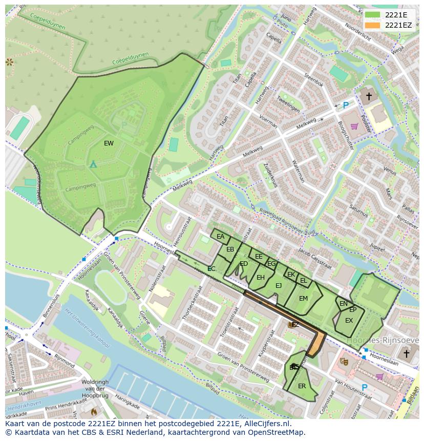 Afbeelding van het postcodegebied 2221 EZ op de kaart.