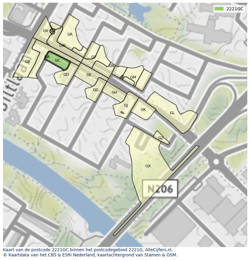 Afbeelding van het postcodegebied 2221 GC op de kaart.