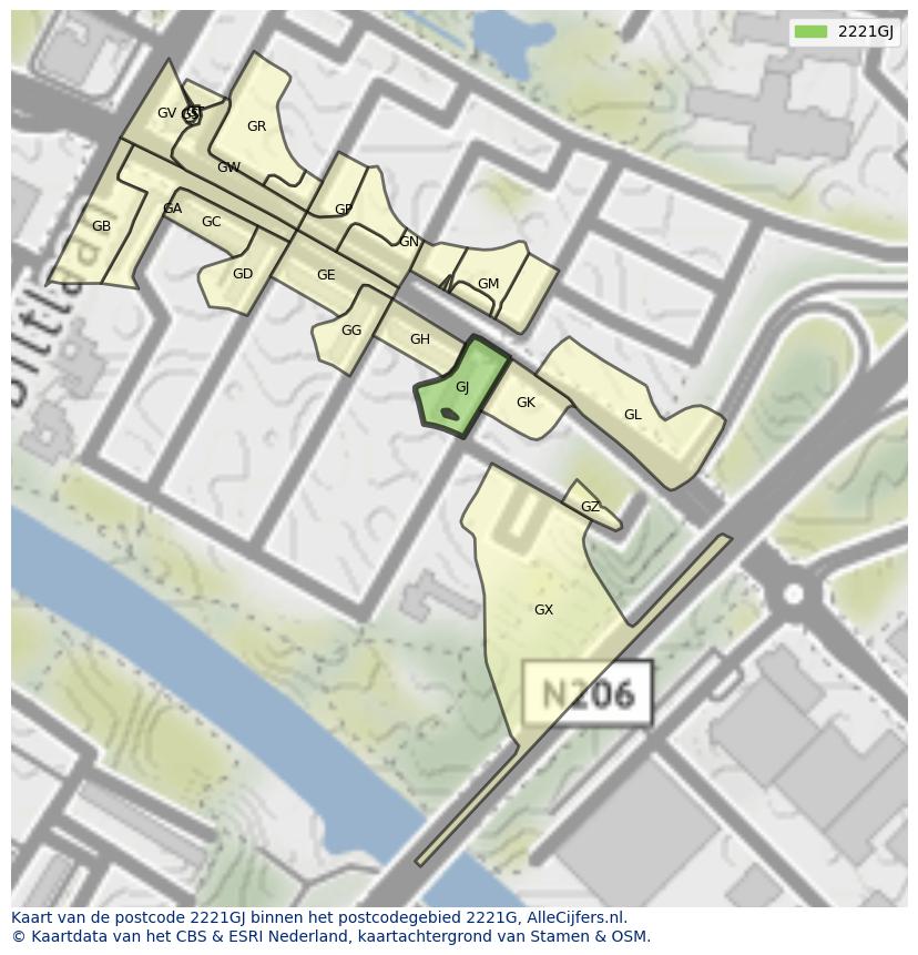 Afbeelding van het postcodegebied 2221 GJ op de kaart.